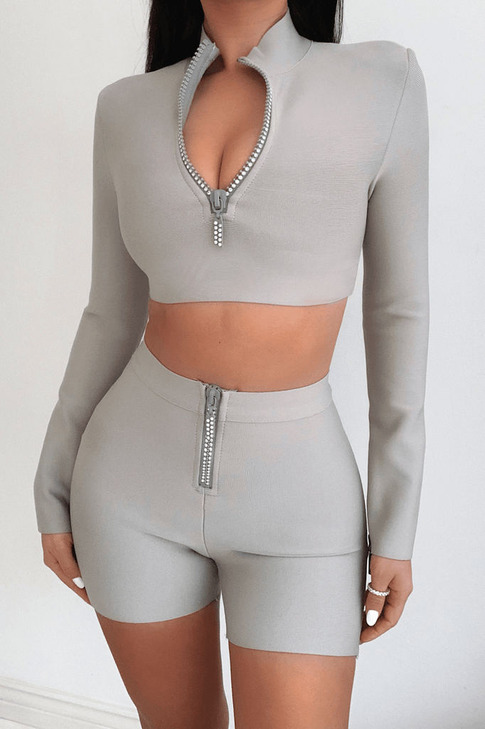 The Sienna Grey Bandage Two Piece Diamante Zip LemonLunar clothes