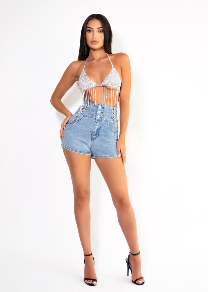 THE IVY DENIM DIAMANTE SHORTS Lemon Lunar UK clothes