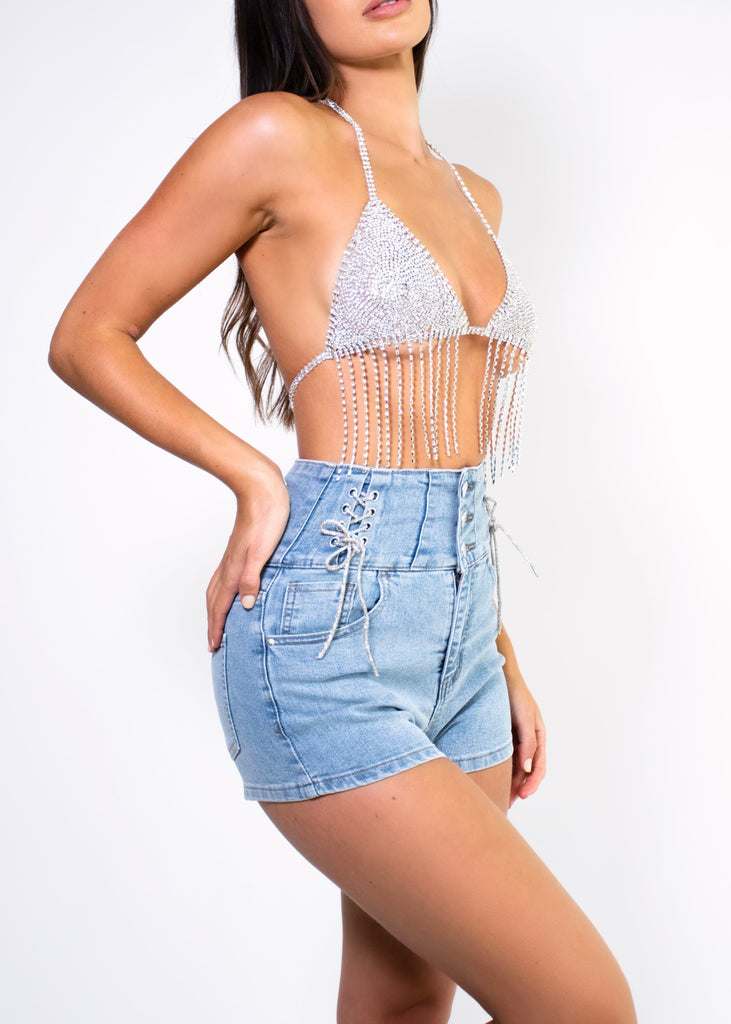 THE IVY DENIM DIAMANTE SHORTS Lemon Lunar UK clothes