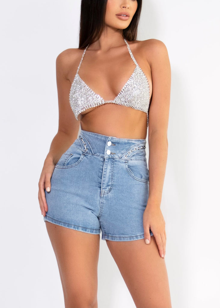THE HARPER DENIM DIAMANTE SHORTS Lemon Lunar UK clothes