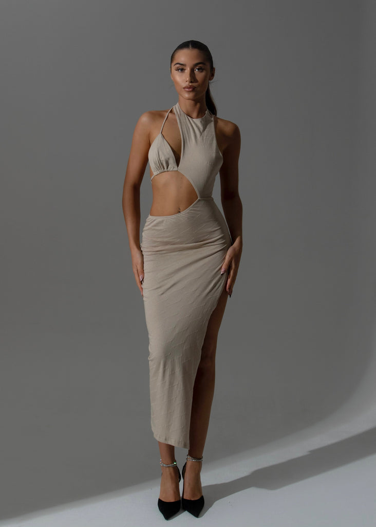THE LEMONLUNAR CUT OUT MIDI DRESS BEIGE LemonLunar Dresses