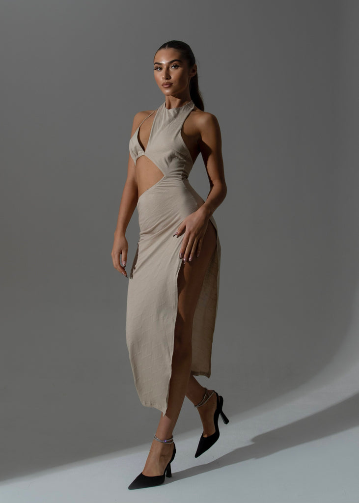THE LEMONLUNAR CUT OUT MIDI DRESS BEIGE LemonLunar Dresses