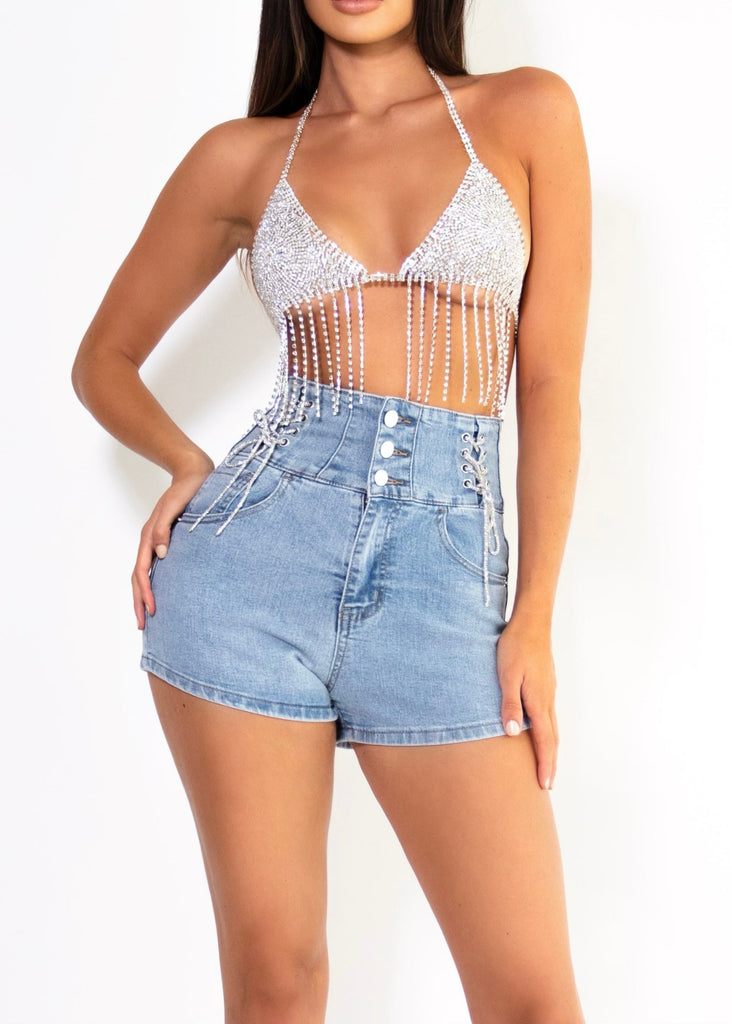 THE IVY DENIM DIAMANTE SHORTS Lemon Lunar UK clothes