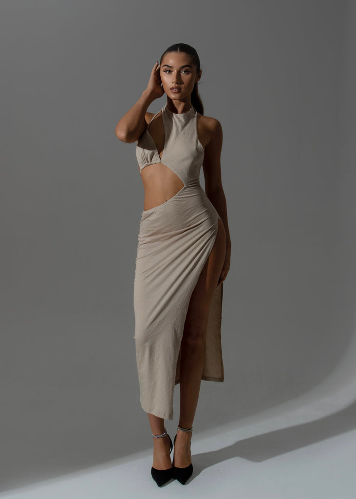 THE LEMONLUNAR CUT OUT MIDI DRESS BEIGE LemonLunar Dresses
