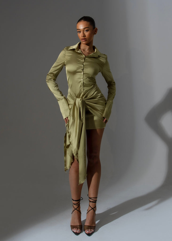 THE TIE SIDE SHIRT DRESS OLIVE GREEN LemonLunar clothes
