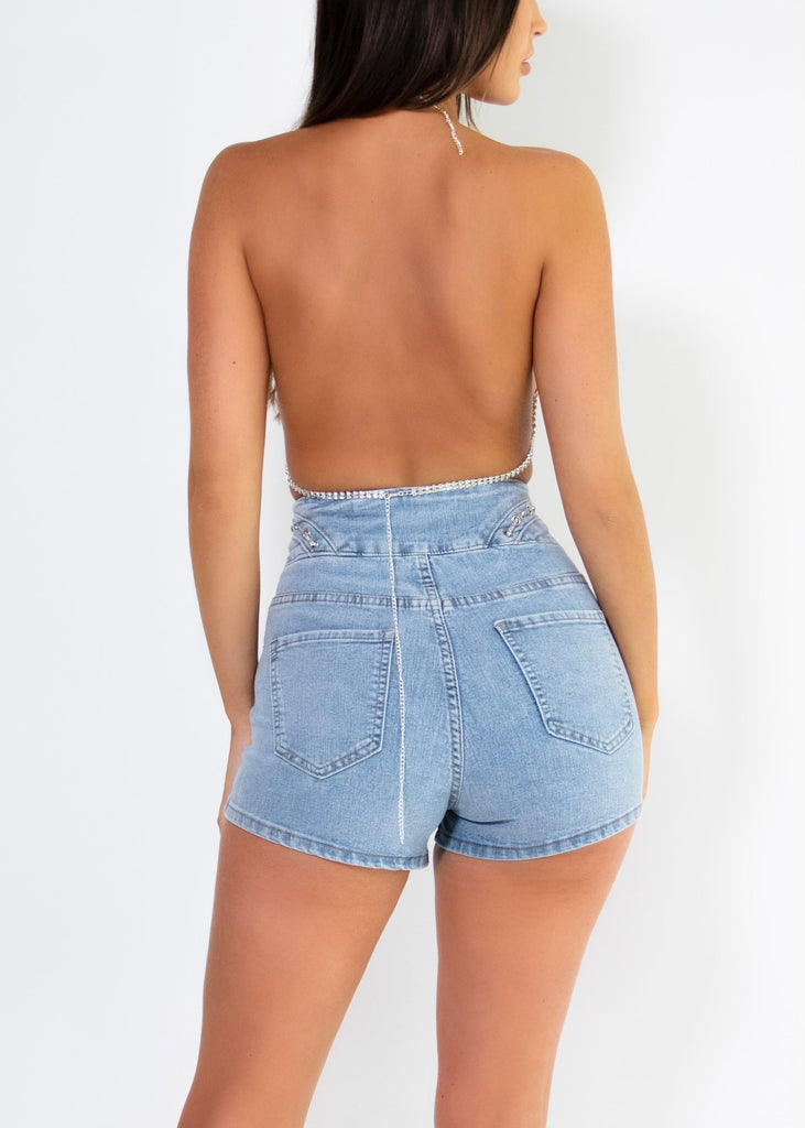 THE HARPER DENIM DIAMANTE SHORTS Lemon Lunar UK clothes